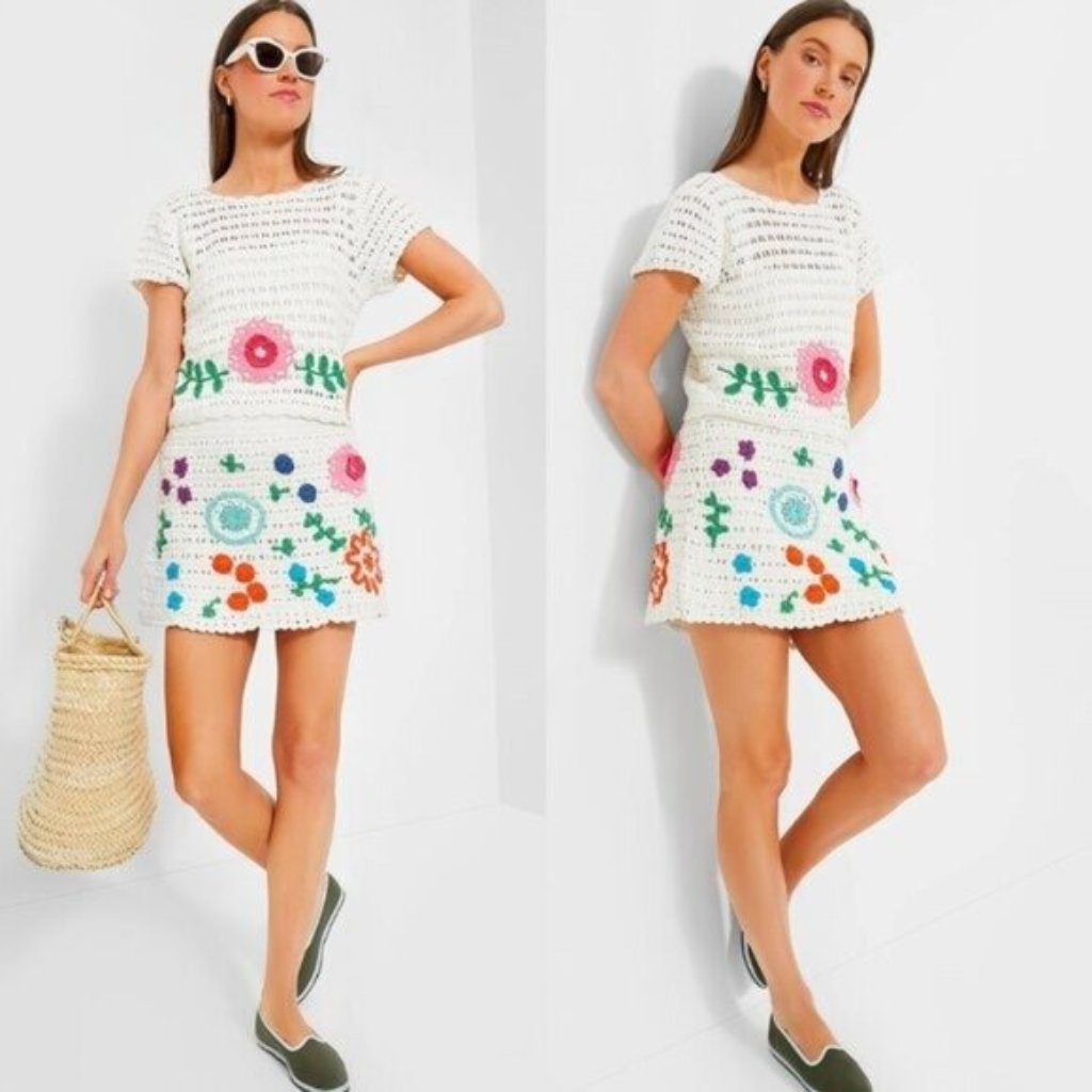 Tuckernuck White Crochet Mini Dress With Multicolor Floral Embroidery